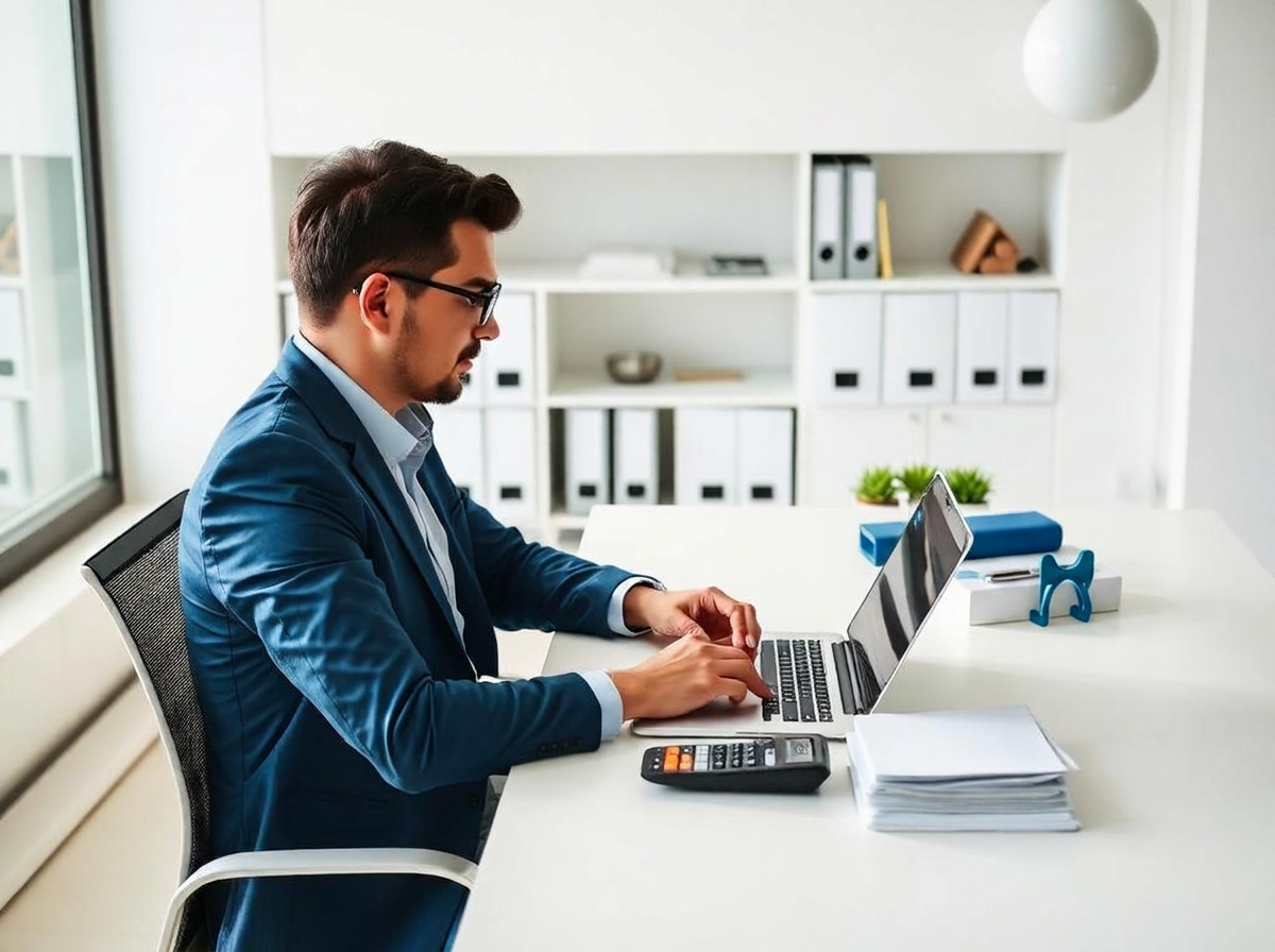 Tax professional working on a laptop in a bright office